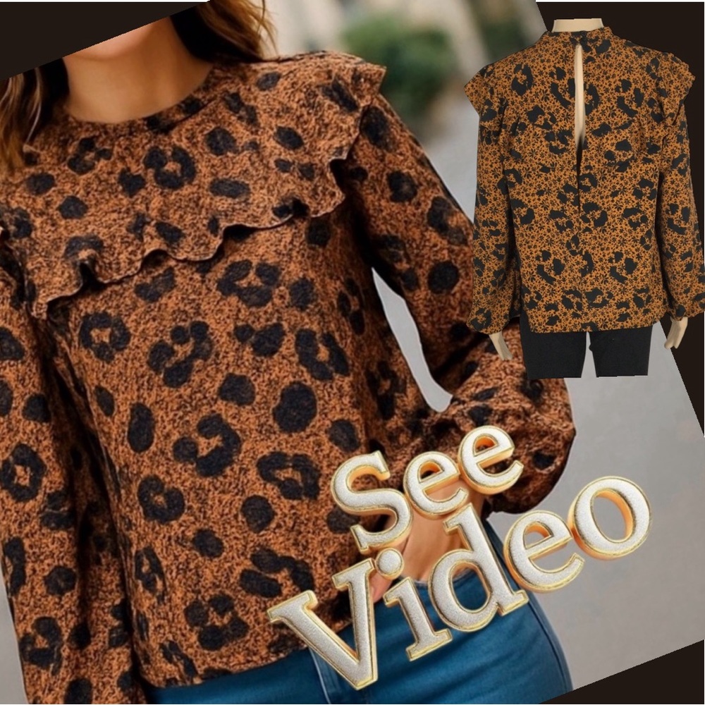 👛(ANY 2/$25) TOPSHOP High Neck Blouse Orange Black Floral Puffed Sleeve/Ruffle